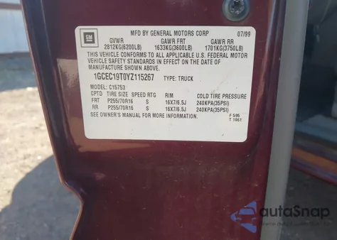 2000 Chevrolet Silverado 1500 Ls z USA, uszkodzony, nr VIN 1GCEC19T0YZ115267